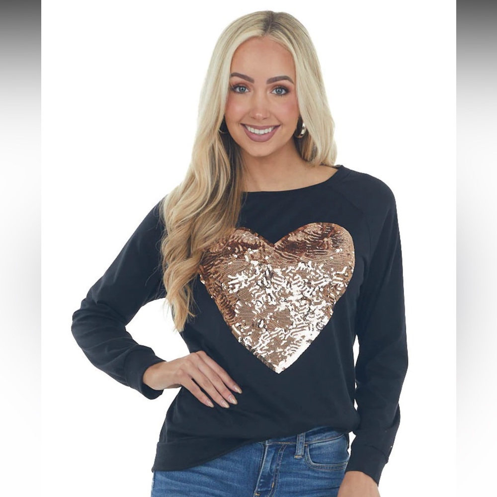 Black Long Sleeve Knit Top with Rose Gold Sequin Heart